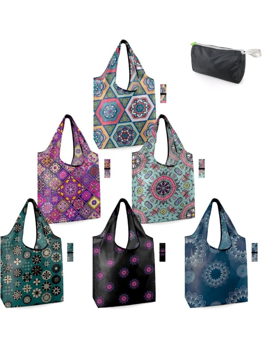 Boho Geometric Reusable Grocery Bags - X-Large Foldable, Heavy Duty, 6 Pack